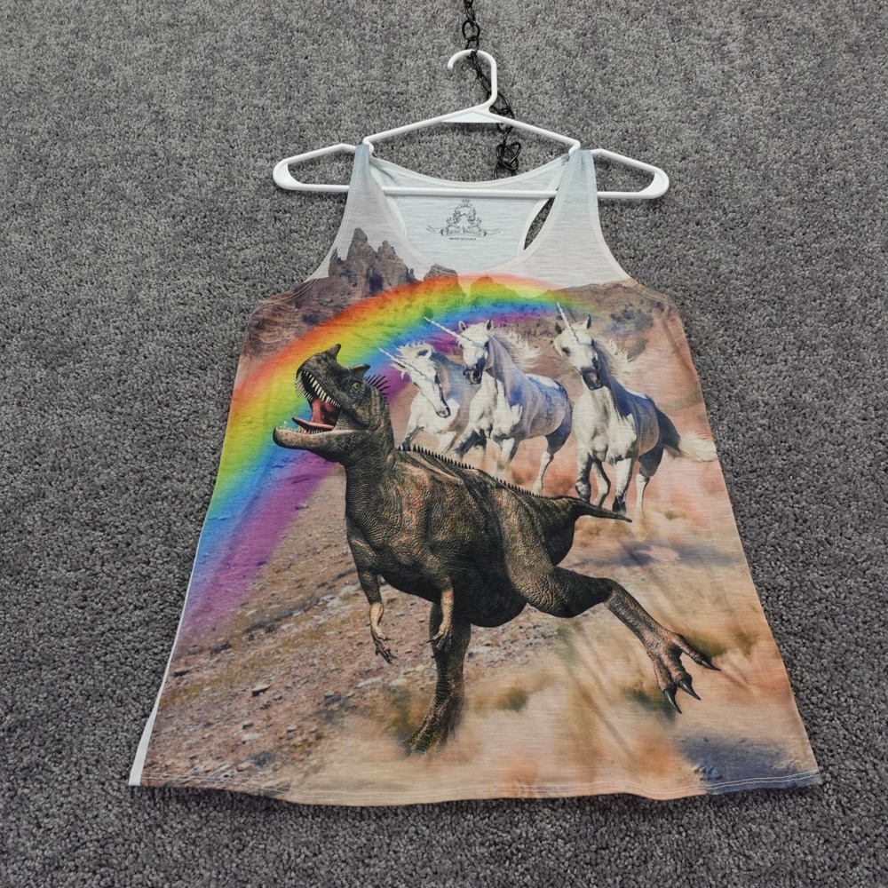 Bear Dance Tank Top Womens Large White Dinosaur Unicorn Rainbow Racerback